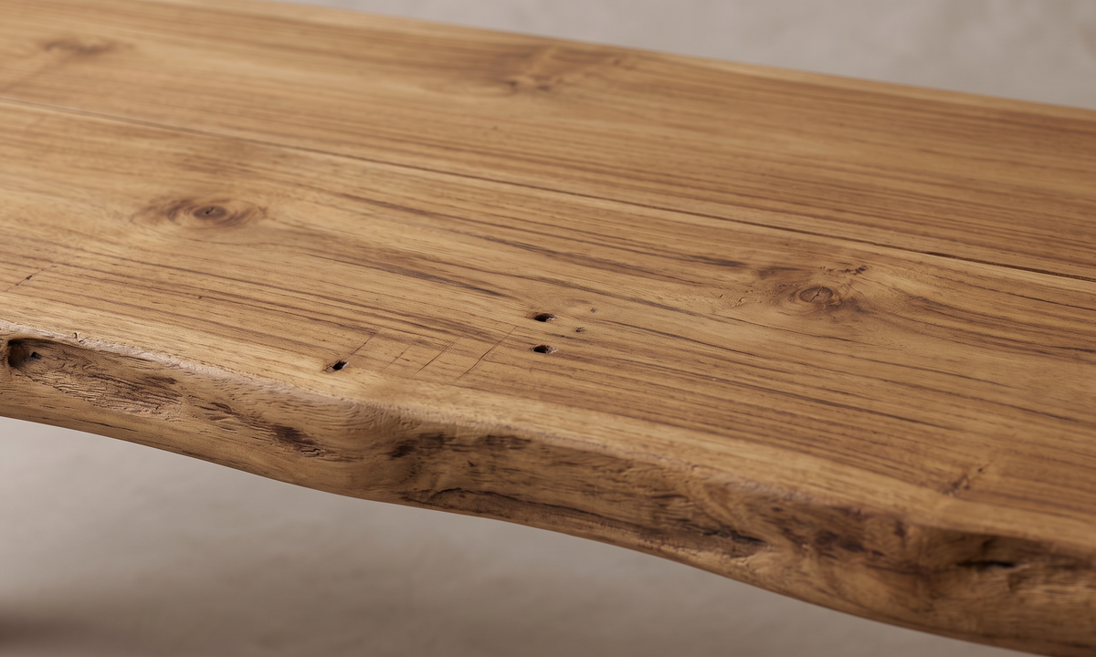 Ås bänk 220 cm i återvunnen teak och svart lackerat järn, närbild på träets ådring och yta