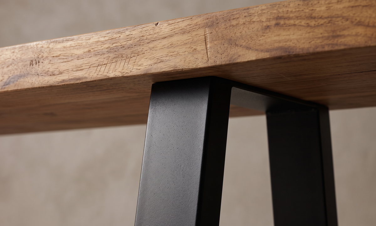 Ås bänk 220 cm i återvunnen teak och svart lackerat järn, närbild på fogen där delarna möts