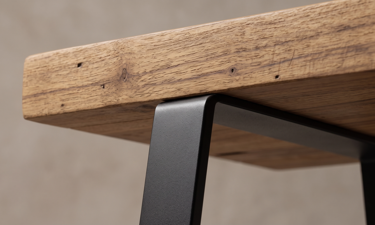 Ås bänk 280 cm i återvunnen teak och svart lackerat järn, närbild på fogen där delarna möts
