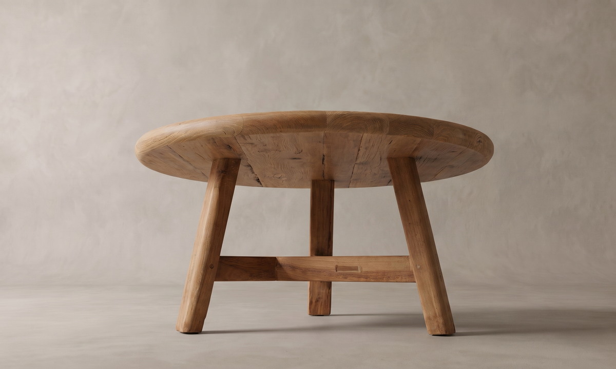 Glänta soffbord i återvunnen teak, sett nerifrån, genom möbeln