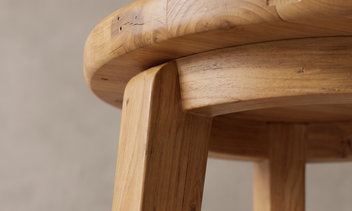 Kärna sidobord i återvunnen teak, närbild på övergången mellan ytorna